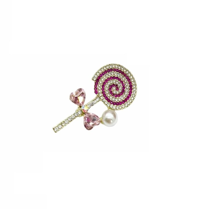 Brosa Lollipop Roz in forma de acadea pe bat, aliaj metalic auriu, 4.5 cm, Madamme Bijoux