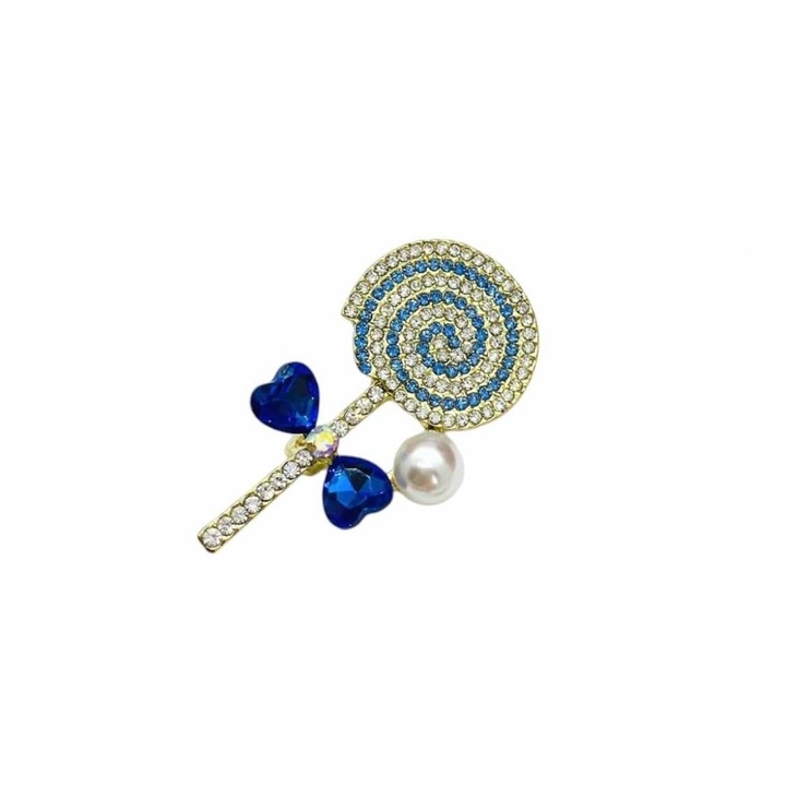 Brosa Lollipop Albastra in forma de acadea pe bat, aliaj metalic auriu, 4.5 cm, Madamme Bijoux