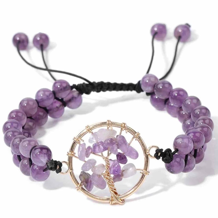 Természetes ametiszt karkötő az „Életfa” szimbólummal nőknek és férfiaknak Energikus ékszerek gyógyításhoz és jóga meditációhoz, ideális a relaxációhoz és a szorongás leküzdéséhez