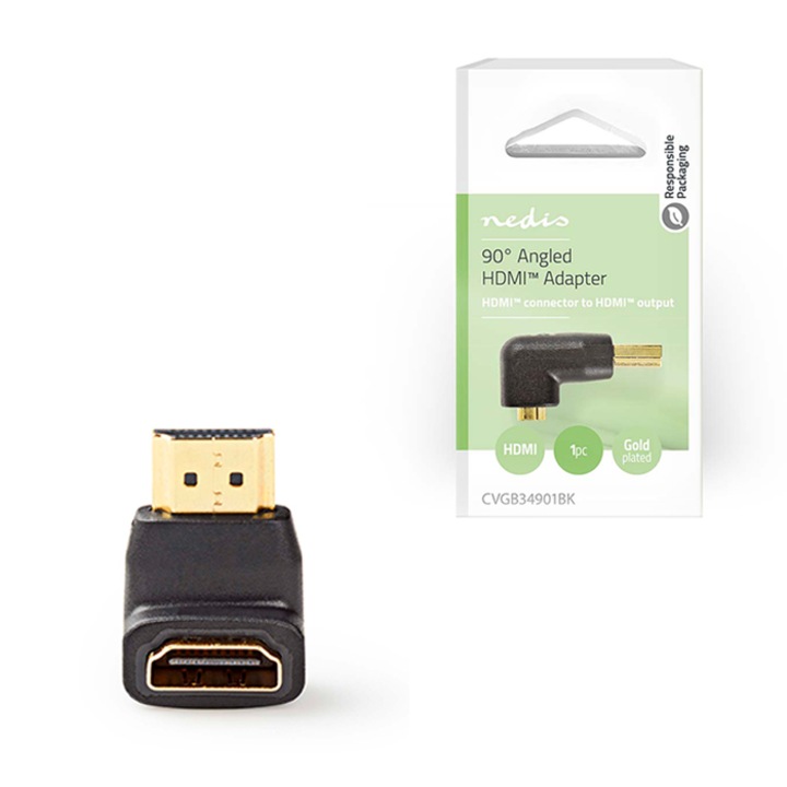 HDMI adapter, HDMI apa / HDMI anya csatlakozó, aranyozott, könyök 90°, fekete, dobozos