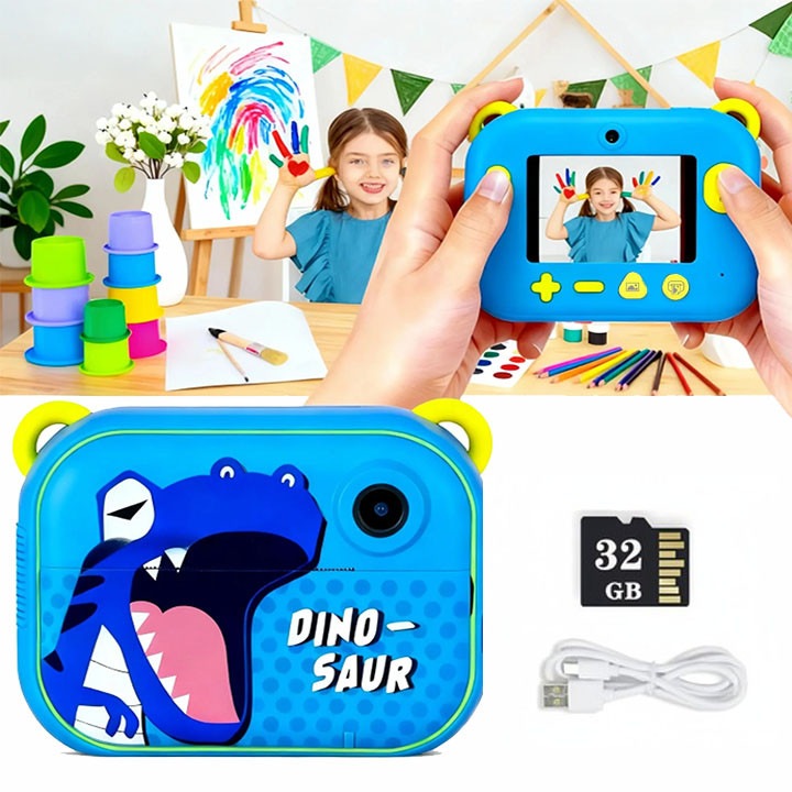 Aparat foto pentru copii, MOSMAOO®, Cu functie de printare, Marime ecran 2.4 inch, 32GB SD card, 1080P HD, 1500 mAh, 3 ani+, Albastru, De ziua de nastere, Craciun