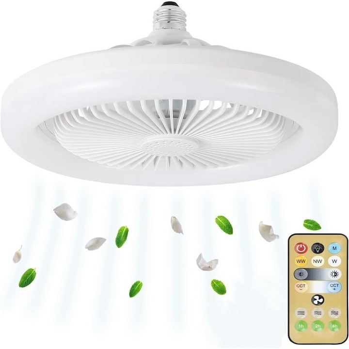 Ventilator de tavan cu iluminare, cu LED alb, diametru 23cm, putere lampa 30W, alb