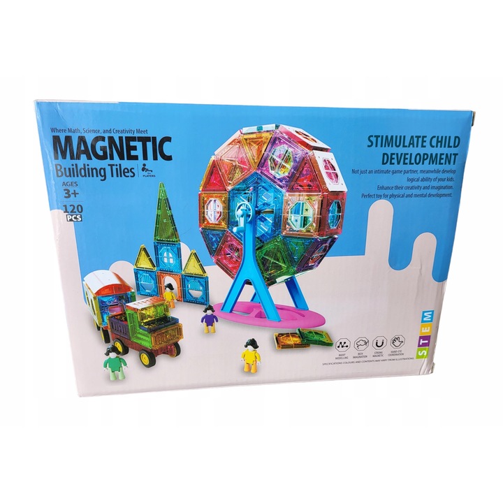 Set blocuri magnetice pentru copii STEM, 120 piese, Multicolor