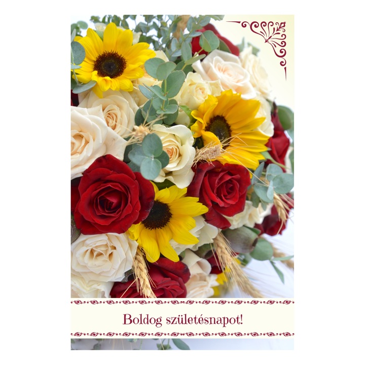 Felicitare in limba maghiara "Boldog szulinapot!", imagine cu flori galbene si rosii, 120 x 180 mm, carton 300 gr, cu plic alb