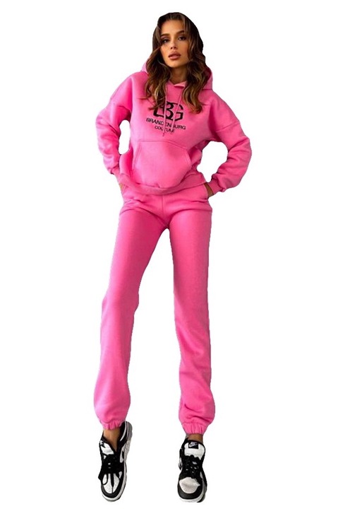 Compleu bumbac vatuit BiGest, cu gluga, inscriptionat, Roz
