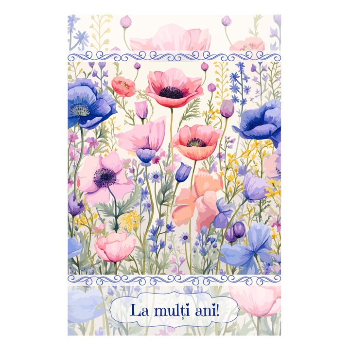 Felicitare "La multi ani!", imagine cu flori de camp, 120 x 180 mm, carton 300 gr, cu plic alb