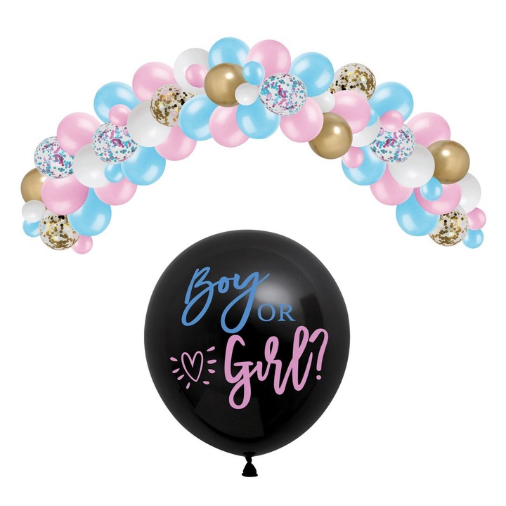 Léggömbkészlet Baby Gender Reveal Partyhoz színes konfettivel, egy nagy 50 cm-es lánnyal vagy fiúval és 60 kis darabbal, ATS