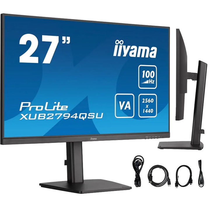 Monitor, Iiyama ProLite XUB2794QSU-B6, 27", LED, WQHD, 100 Hz, HDMI/DisplayPort/USB, 2560x1440 px, fekete