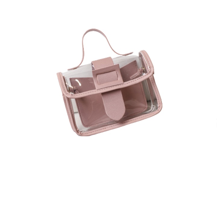 Geanta dama transparenta PVC, crossbody, cu buzunar interior roz, inchidere clapa