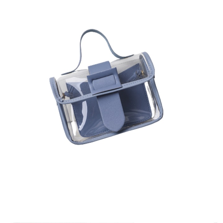 Geanta dama PVC transparenta, crossbody, cu buzunar interior albastru, inchidere clapa