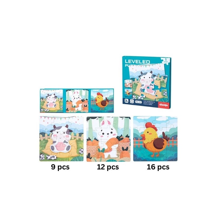 Образователна играчка 3 в 1, магнитен пъзел тип книга, различни модели на селскостопански животни, 9-12-16 части, 17.5x17.5x1.2cm, 3г.+