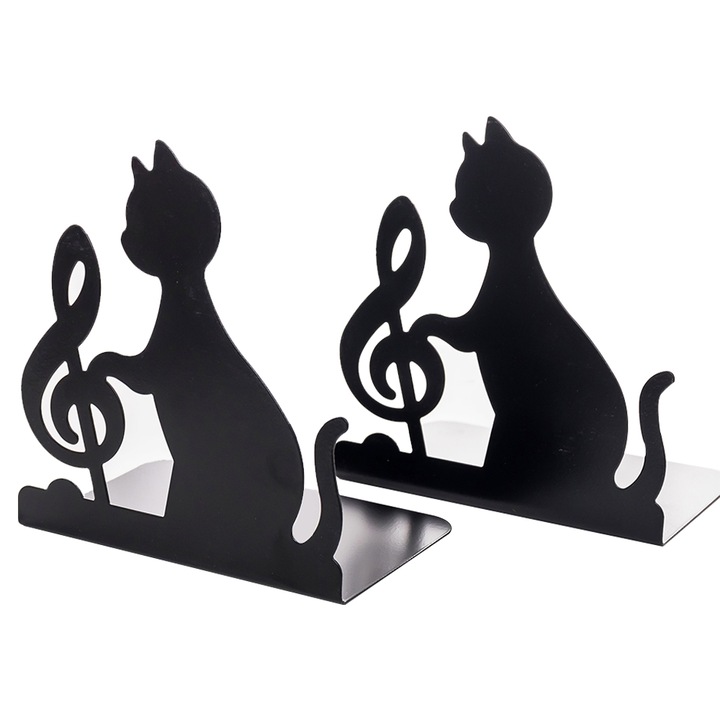 Set 2 suporturi carti metalic, design pisica, negru, 17.5x16x10cm