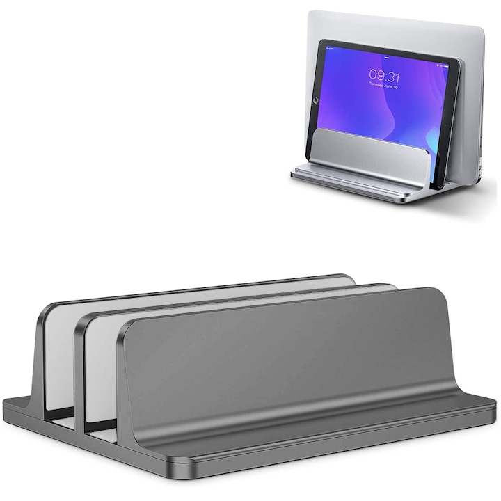 Stand vertical pentru laptop, ajustabil, 2 compartimente, aluminiu/silicon, gri, 12x15x4.7cm