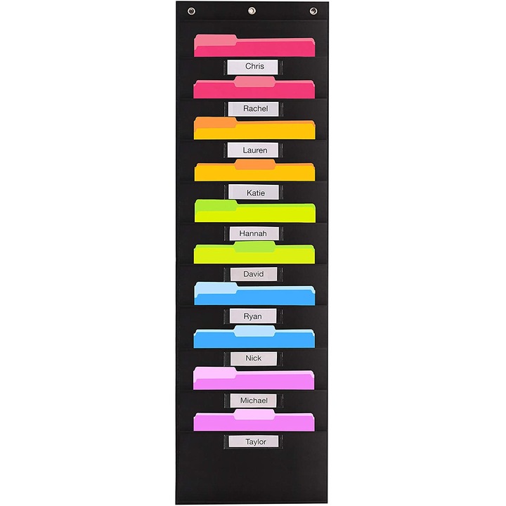 Стенен органайзер за папки, 10 джоба, етикети, водоустойчив, черен