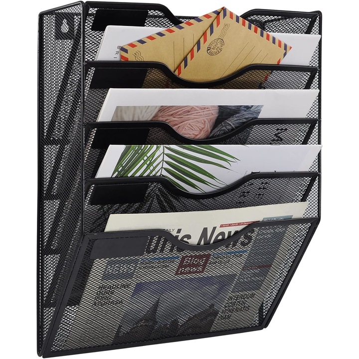 Suport documente, montare pe perete, 5 compartimente, 32x10.8x38.3cm, metal, negru