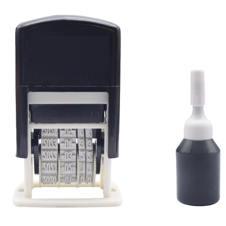 Автоматичен печат с персонализирана дата и текст, пластмаса, за многократно пълнене, бяло/синьо, 5,5x9,3 cm