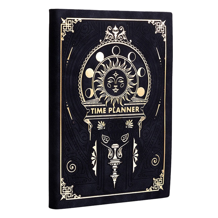 Planner saptamanal si lunar ZYBLSSBB LSM2XH-BST3000587-5, organizator de timp hardcover din piele PU, tracker obiceiuri si planificare obiective, negru/auriu