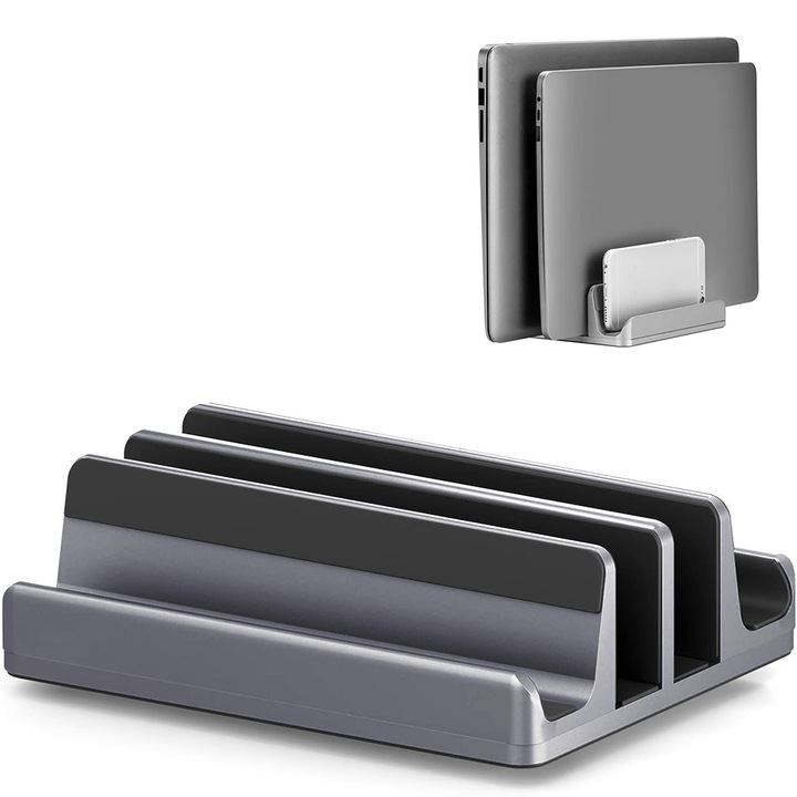 Stand vertical pentru laptop, ajustabil, 2 compartimente, aluminiu/silicon, gri, 12x15x4.7cm