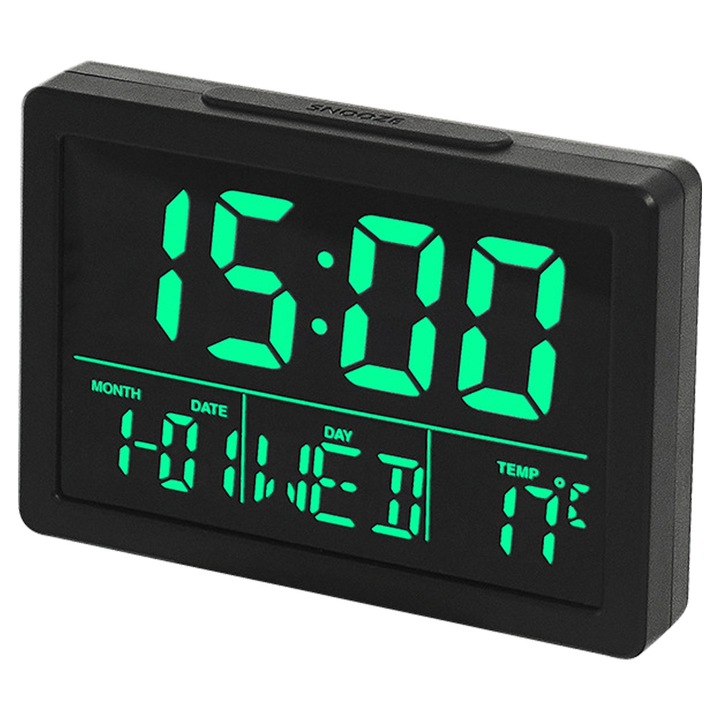 QttvbTna ébresztőóra, digitális LCD kijelző, dátum, hőmérséklet, fekete/zöld