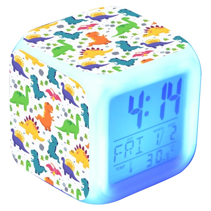 Ceas desteptator / ceas alarma LED Glow Cube, cu lumina RGB schimbatoare de culoare si afisaj digital cu ora, data si temperatura, functie snooze, design dinozaur pentru copii, multicolor, 1 buc