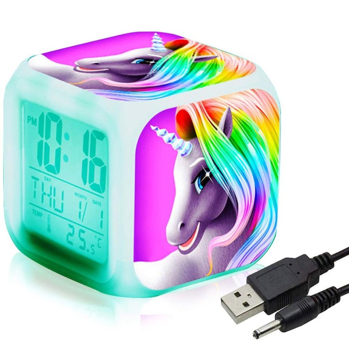 Ceas desteptator digital cu unicorn pentru fete, cub LCD cu LED luminos de noapte cu lumina pentru copii, ceas de noptiera, cadouri de ziua de nastere pentru copii, femei, dormitor pentru adulti