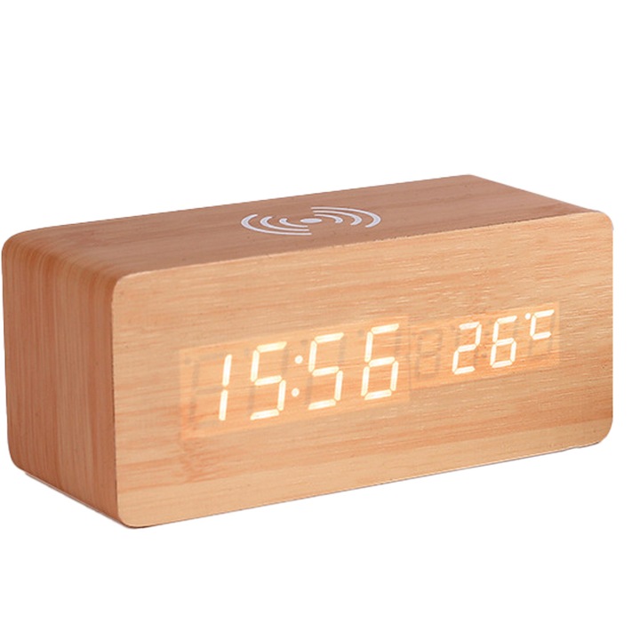 Ceas decorativ electronic cu alarma, din lemn de bambus, incarcare wireless, 3 niveluri de luminozitate, USB/baterie, maro