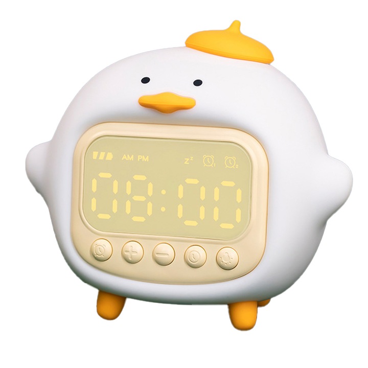 Ceas desteptator cu lumina pentru copii, in forma de rata, alb, functii multiple, 12 x 13.8cm