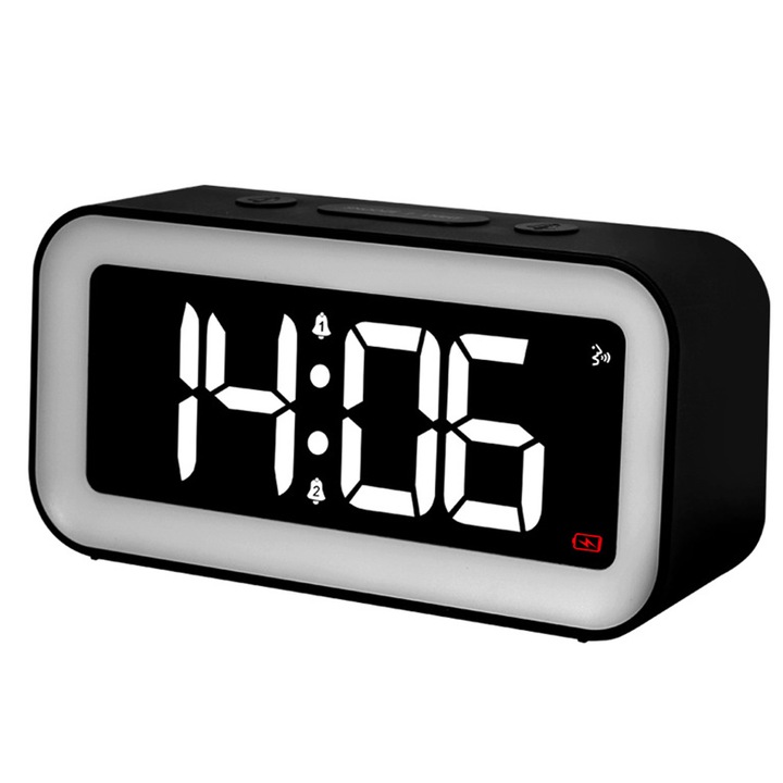 Ceas desteptator decorativ, multifunctional, cu LED, negru, cu lumina de noapte, pentru copii