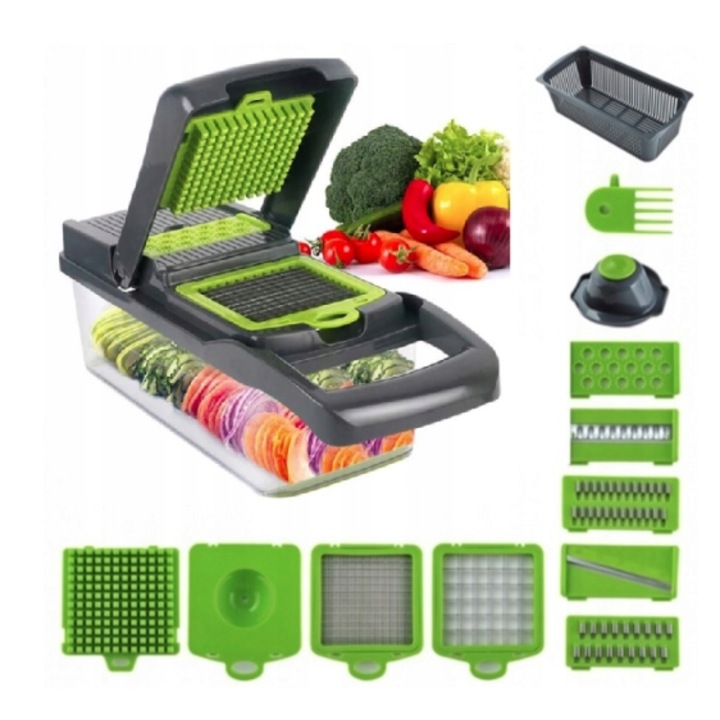 Мултифункционално ренде 14 части, за рязане, настъргване, мелене, за зеленчуци, плодове, сирена, сиво/зелено