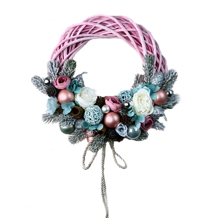 Coronita de iarna in culori vii, realizata manual, roz, albastru deschis, 34 cm