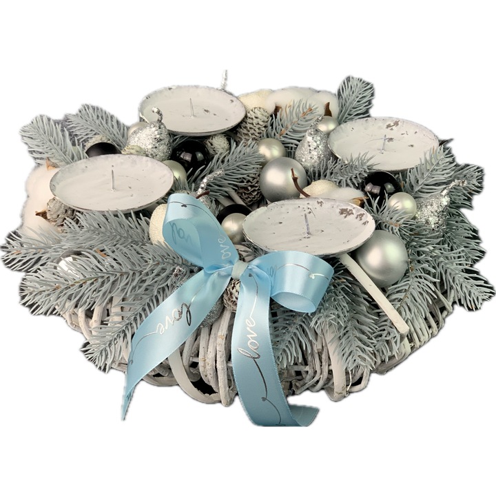 Aranjament Advent, handmade, argintiu, 35 cm
