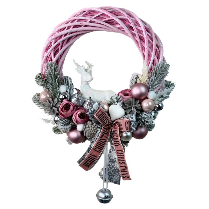Coronita de Craciun pentru usa, handmade, roz, argintiu, 33 cm