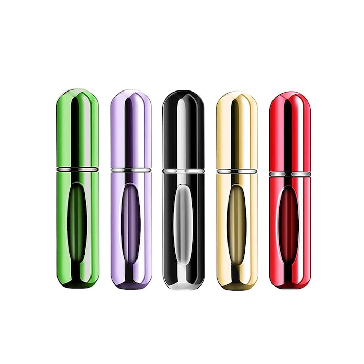 5 db parfümös üveg készlet, újratölthető, újrafelhasználható, 5 ml, fém, utazáshoz, piros, lila, arany, zöld és fekete