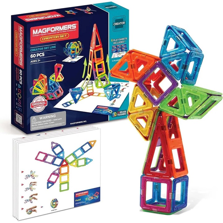 Set de constructie cu placi magnetice pentru copii, 3D, 50 blocuri magnetice, dezvoltarea abilitatilor motrice si a imaginatiei, multicolor - BUILDNETIC