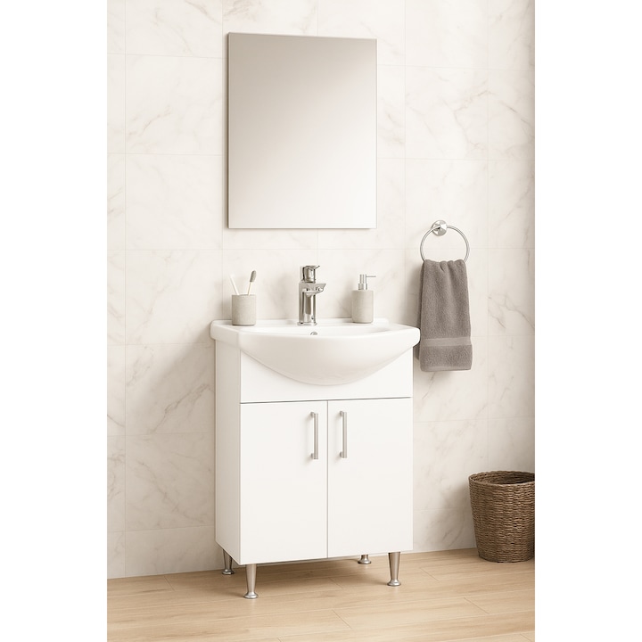 Комплект с мивка и огледало Badenmob, Серия 005, 55 см, Бял