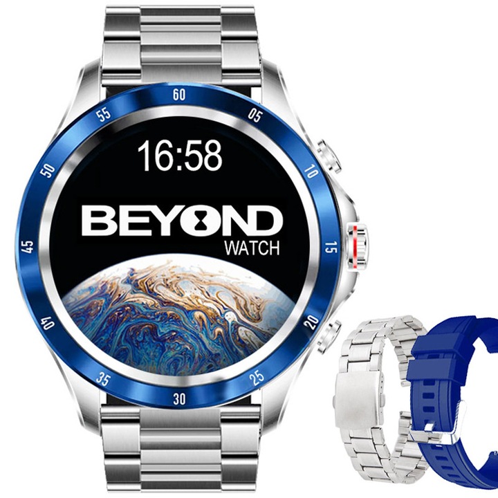 Ceas Smartwatch BEYOND Watch Earth 2 Series, Silver-Blue, notificari, apel Bluetooth, sport, microfon HD, limba romana, 2 curele incluse