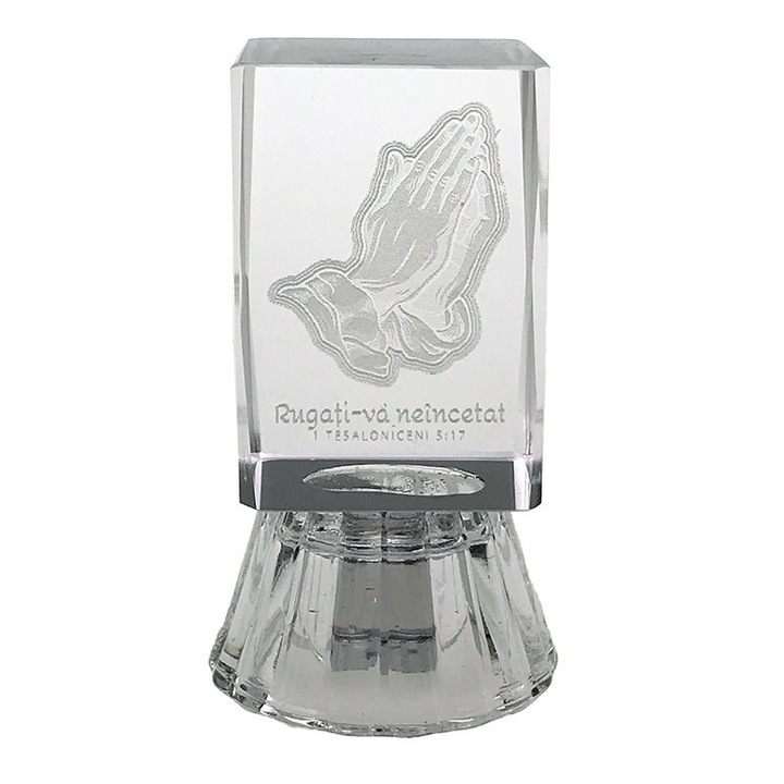 LED стъклена декорация, събрани ръце и библейски текст, (1 Thessalonians 5:17), 3x6cm, Silver