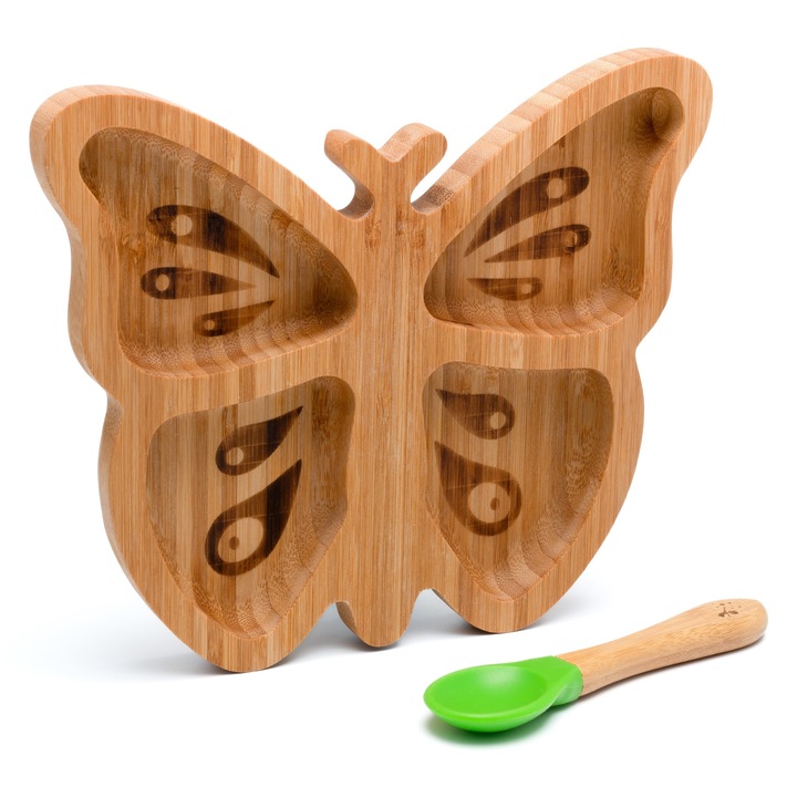 Farfurie diversificare din bambus, certificata CE pentru bebelusi si copii, cu lingurita si ventuza anti-alunecare din silicon alimentar, Fluture, Verde