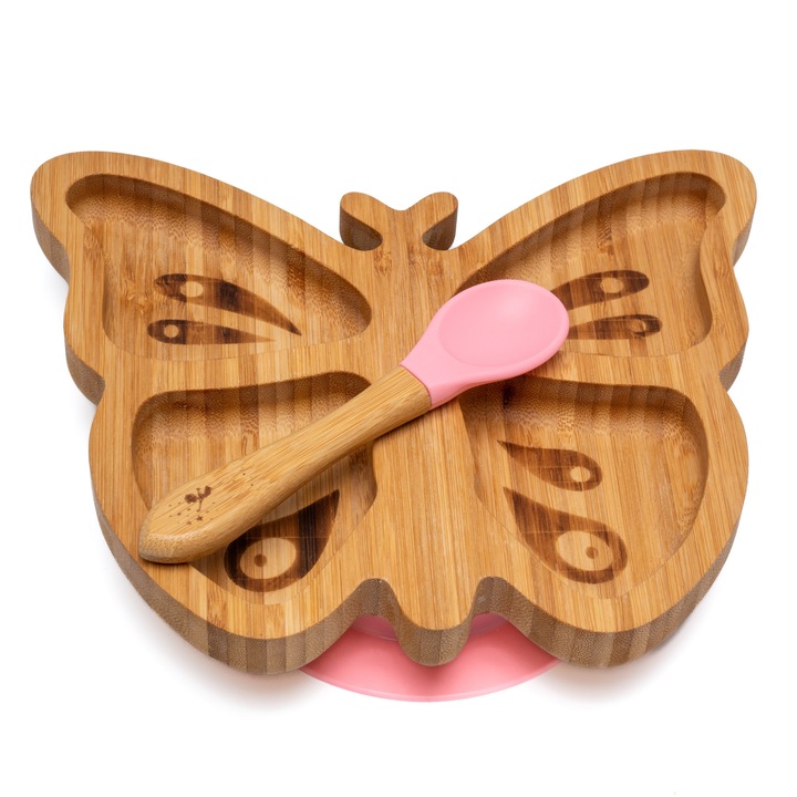 Farfurie diversificare din bambus, certificata CE pentru bebelusi si copii, cu lingurita si ventuza anti-alunecare din silicon alimentar, Fluture, Roz