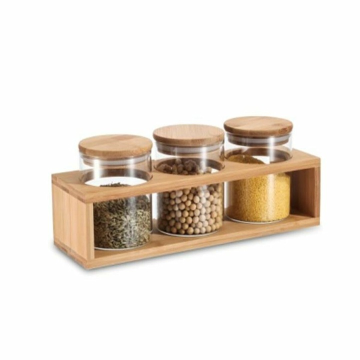 Set 3 Borcane de depozitare, DKD Home Decor, Bambus/Sticla, 31 x 11 x 11.5 cm