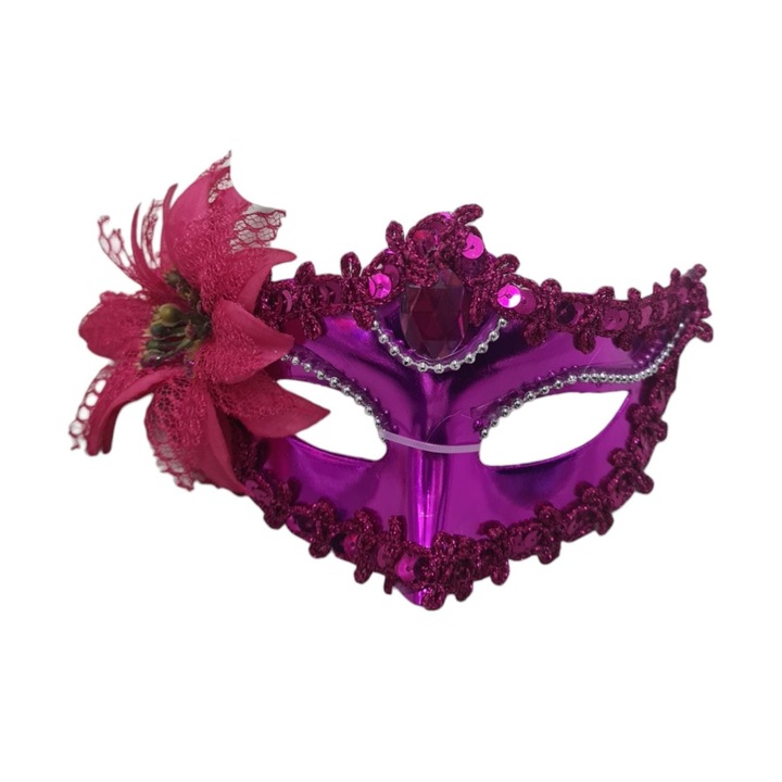 Masca de carnaval / Halloween tip woman cu floare, Magenta
