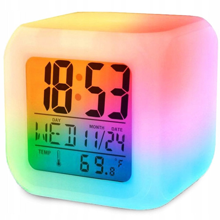 Ébresztőóra, Welora®, naptár és hőmérő funkció, LCD kijelző, 12/24 órás formátum, 7 cserélhető szín, 3 világítási modul, 8 állítható ébresztőhang, 3 x AAA elemmel működik, Méretek 8 x 8 x 8 cm, fehér