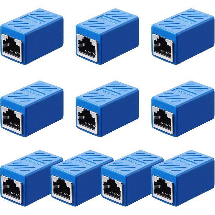 10 db Cat 6 hálózati kábelhosszabbító adapter készlet, UTP / FTP / RJ45, Aktív, anya-nő, Gigabit csatolós internet hosszabbító, átmenő csatlakozó, JENUOS®, kék