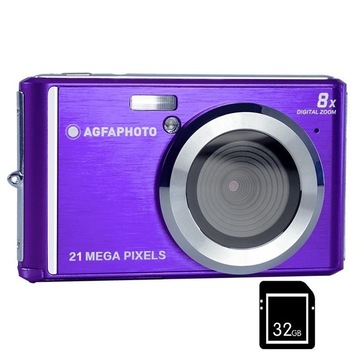 Pachet Camera foto digitala AgfaPhoto DC5200 21MP HD 720p Violet, si card 32 GB