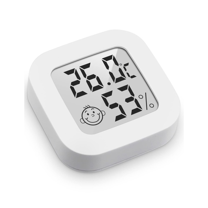 Мини термометър, Bolongking, ABS, LCD дисплей, 4,3 x 4,3 x 1,3 см, бял