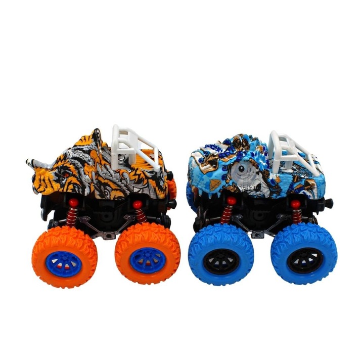 Set 2 Masinute Monster Truck, Crazy Fiction, Design Dino, Albastru-Portocaliu, Roti Oversized, Mecanism Pull-Back, 9x9 cm