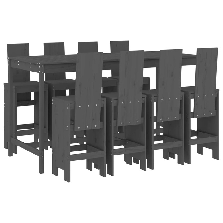 Set bar de gradina vidaXL, 9 piese, gri, lemn masiv de pin, 40.5 kg