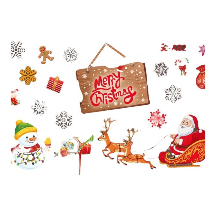 Set 2 Autocolante pentru fereastra de Craciun, cu Mos Craciun, om de zapada, reni, dezlipire fara urme, 61 x 72 cm, Multicolor