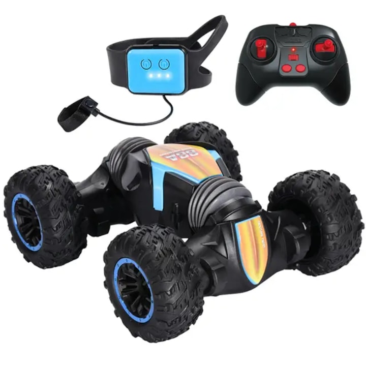 Masinuta de cascadorii controlata prin gesturi cu ceas si telecomanda, rasucire si flexibilitate multidirectionala, drift, albastru