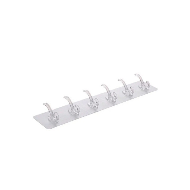 Cuier din silicon Hanger Stick, pentru baie, hol sau bucatarie, 6 pozitii, prindere cu adeziv, transparent, rezistent la umeazeala sau caldura, 30x6.5 cm, Doty®️